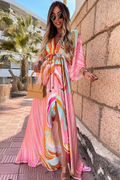 Women's Abstract Print V Neck Maxi Dress with Kimono Sleeves and Side Split