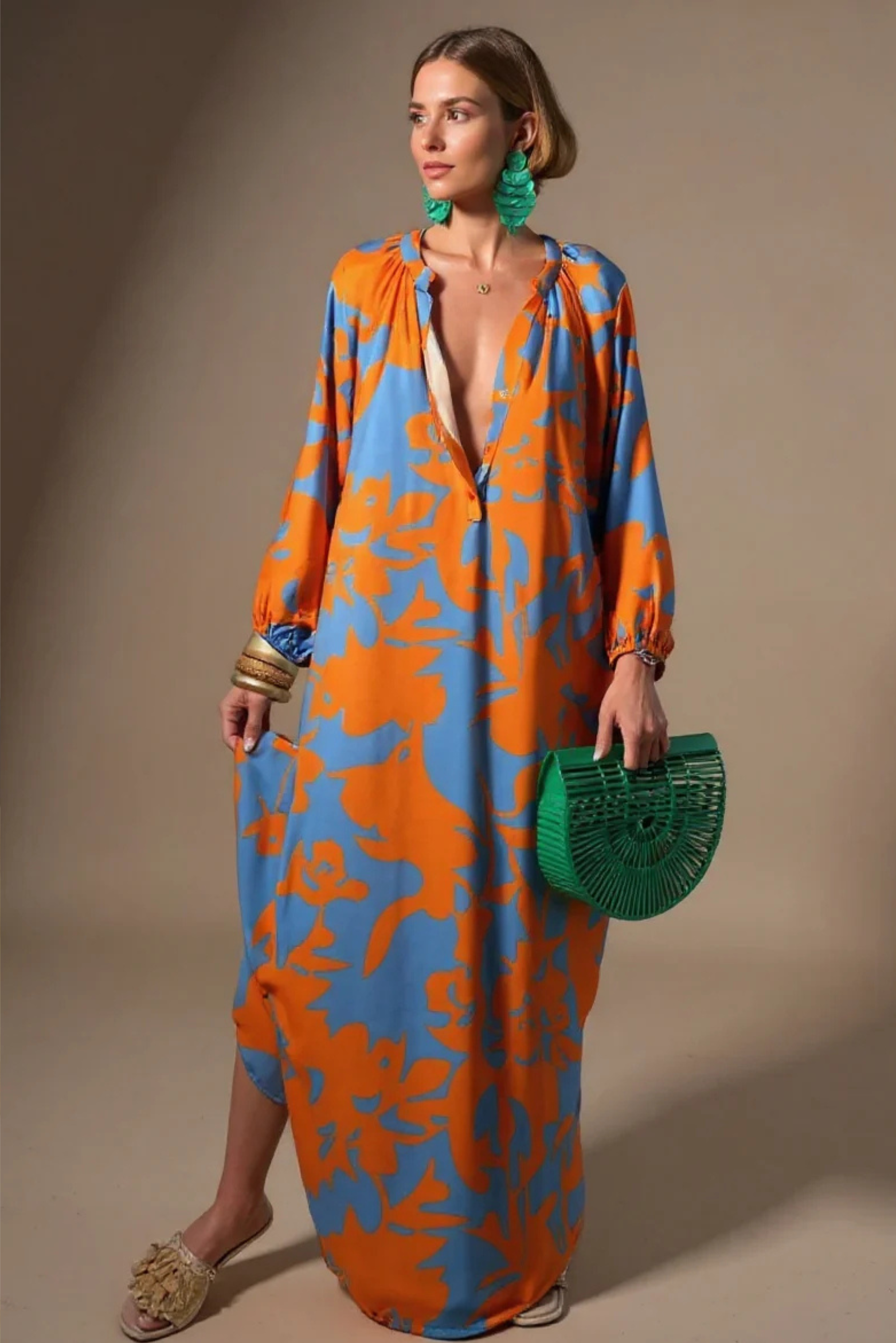 Women's Abstract Print V Neck Kaftan Maxi Dress