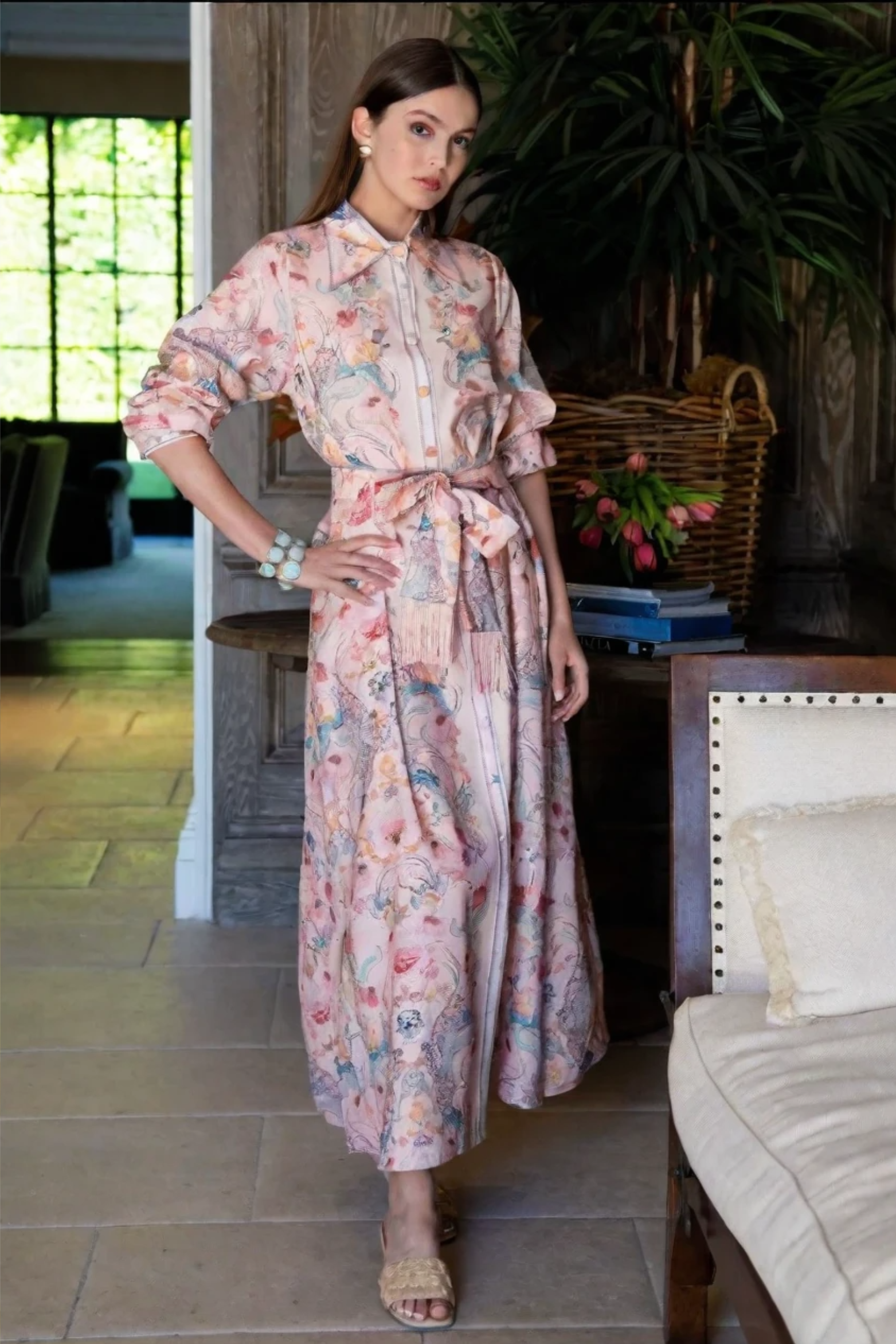 Women's Floral Cotton Linen Maxi Dress