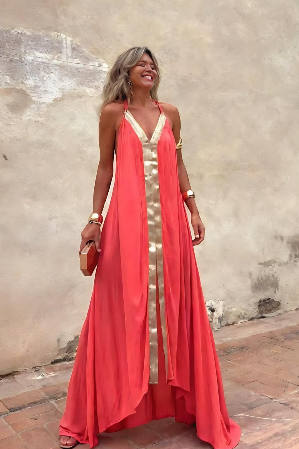 Women's Coral Gold Evening Gown