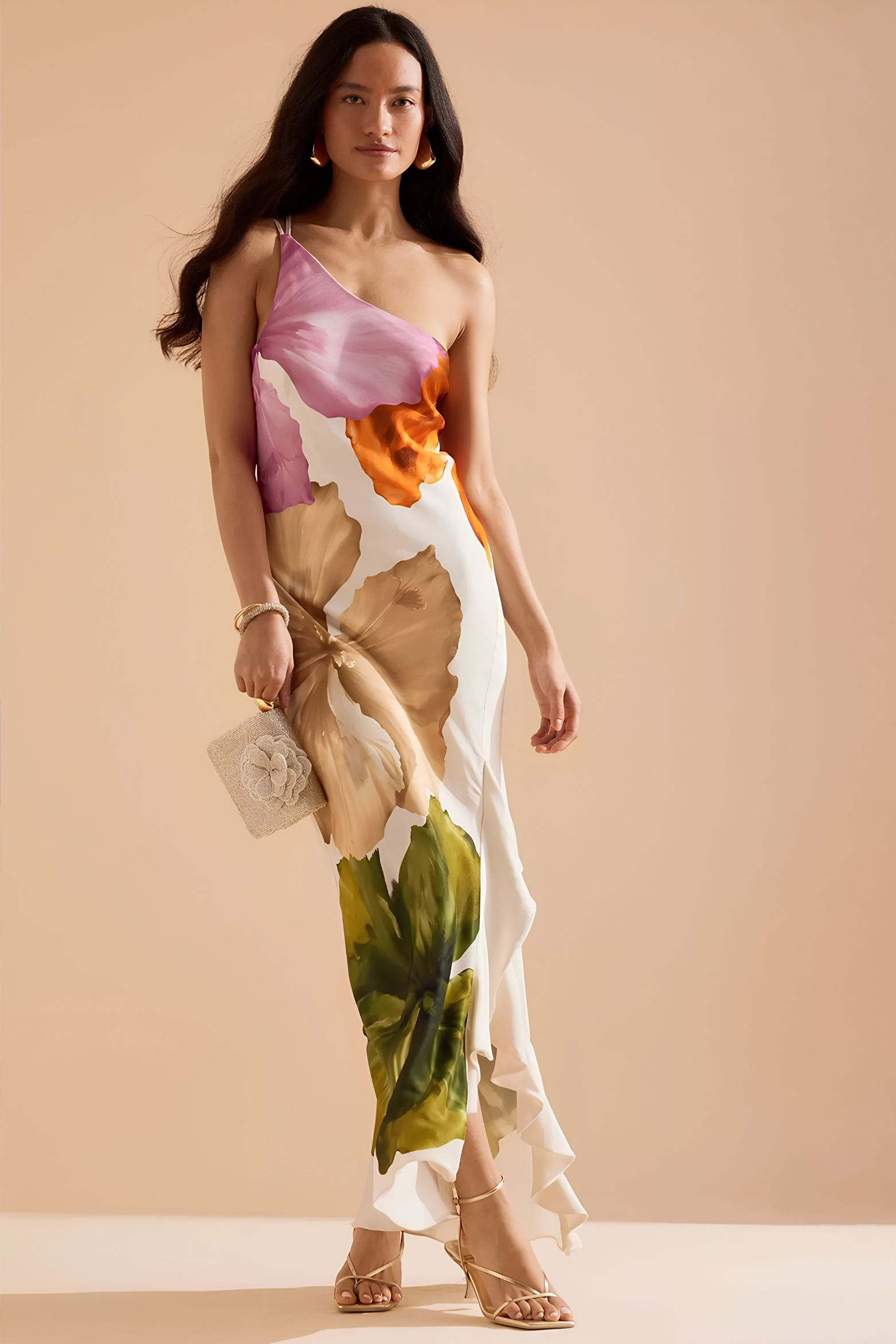 Women's Asymmetrical Floral One Shoulder Maxi Dress