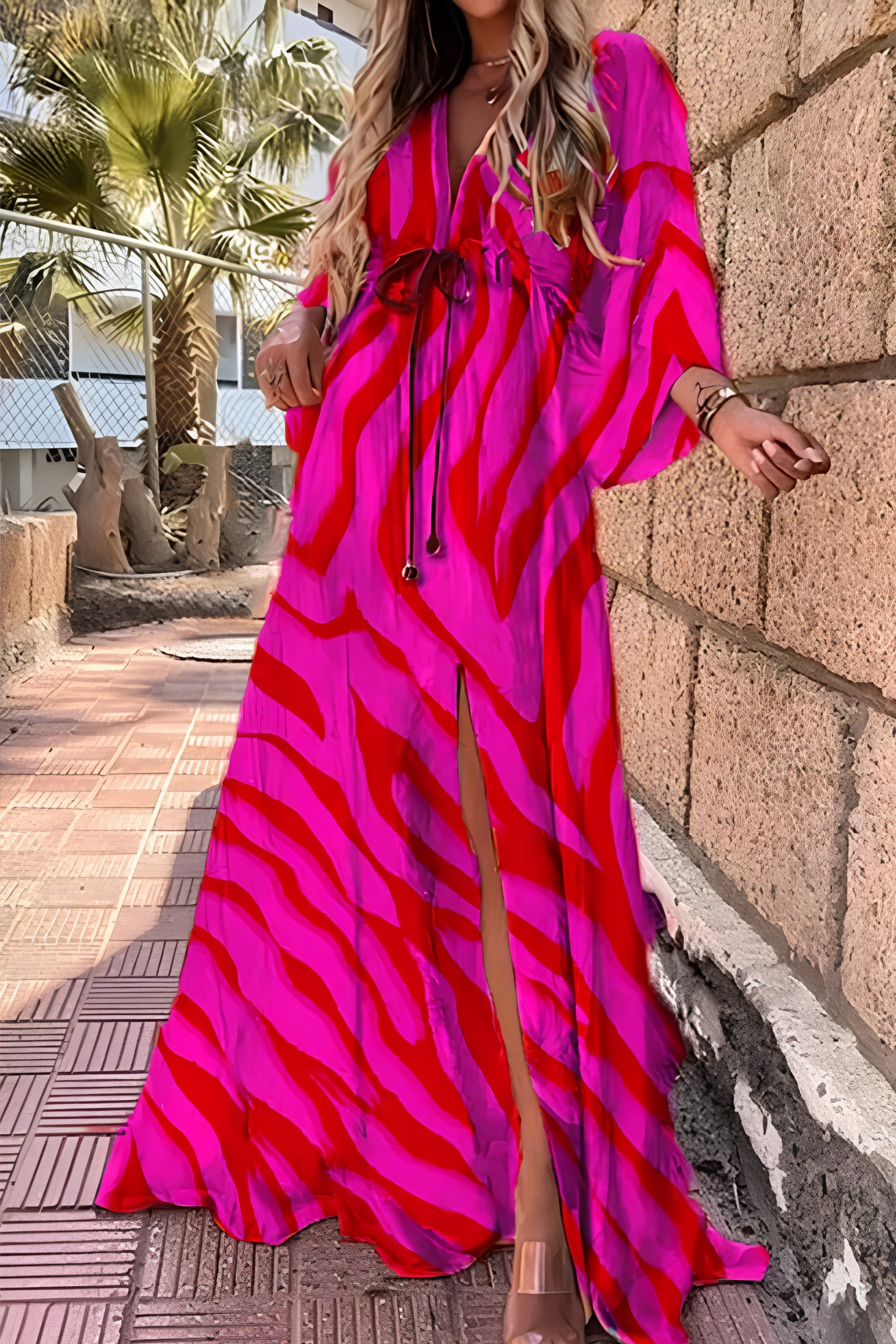 Women's Abstract Print V Neck Maxi Dress with Kimono Sleeves and Side Split