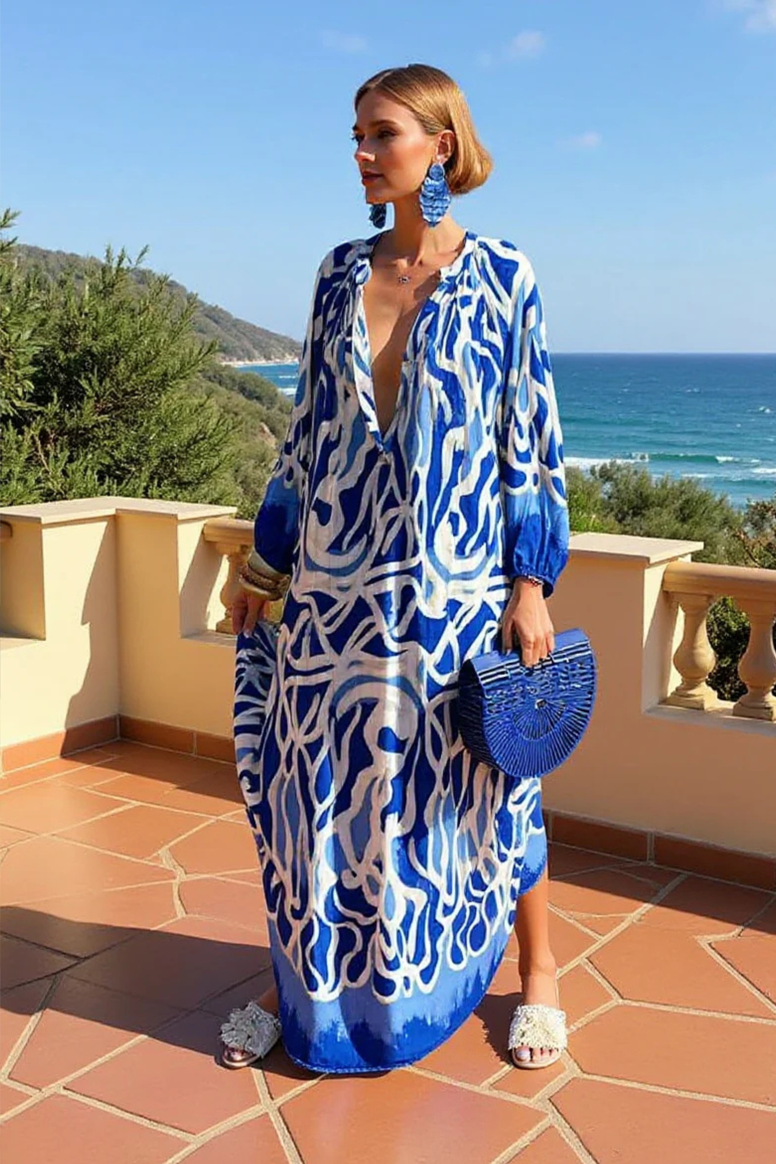 Women's Abstract Print V Neck Kaftan Maxi Dress