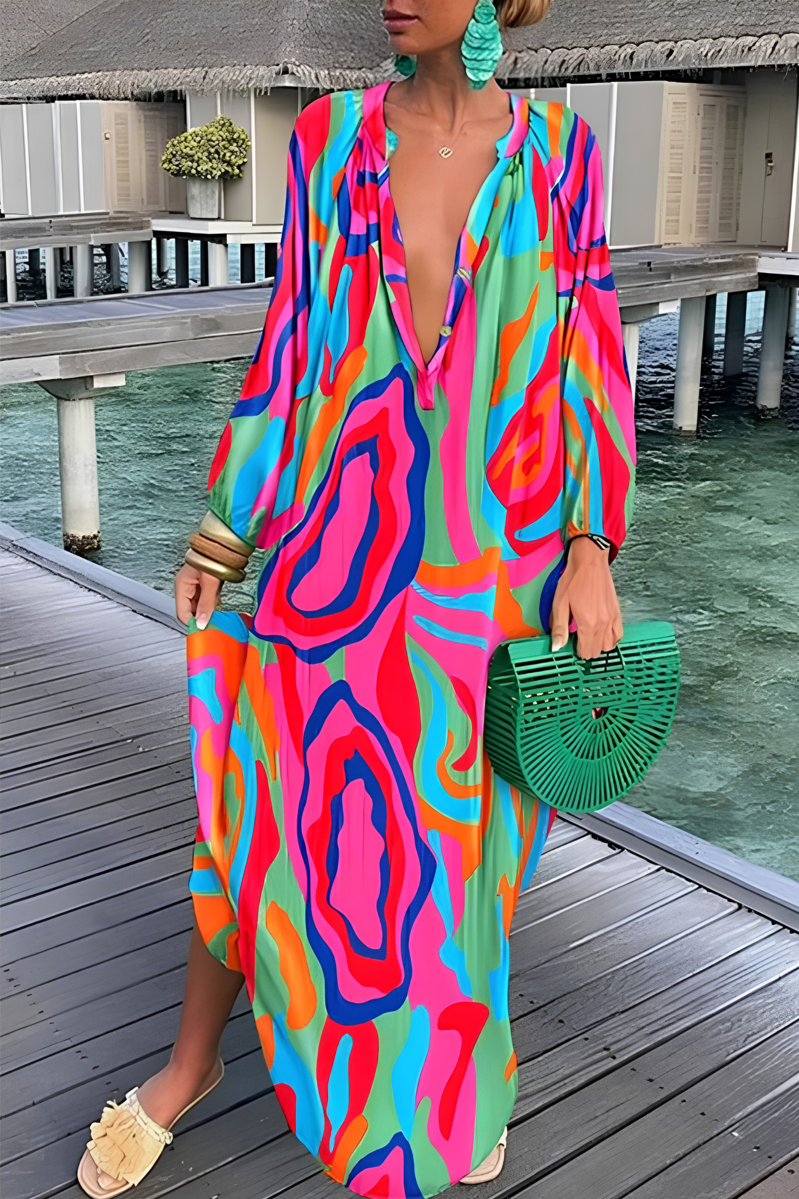 Women's Abstract Print V Neck Kaftan Maxi Dress