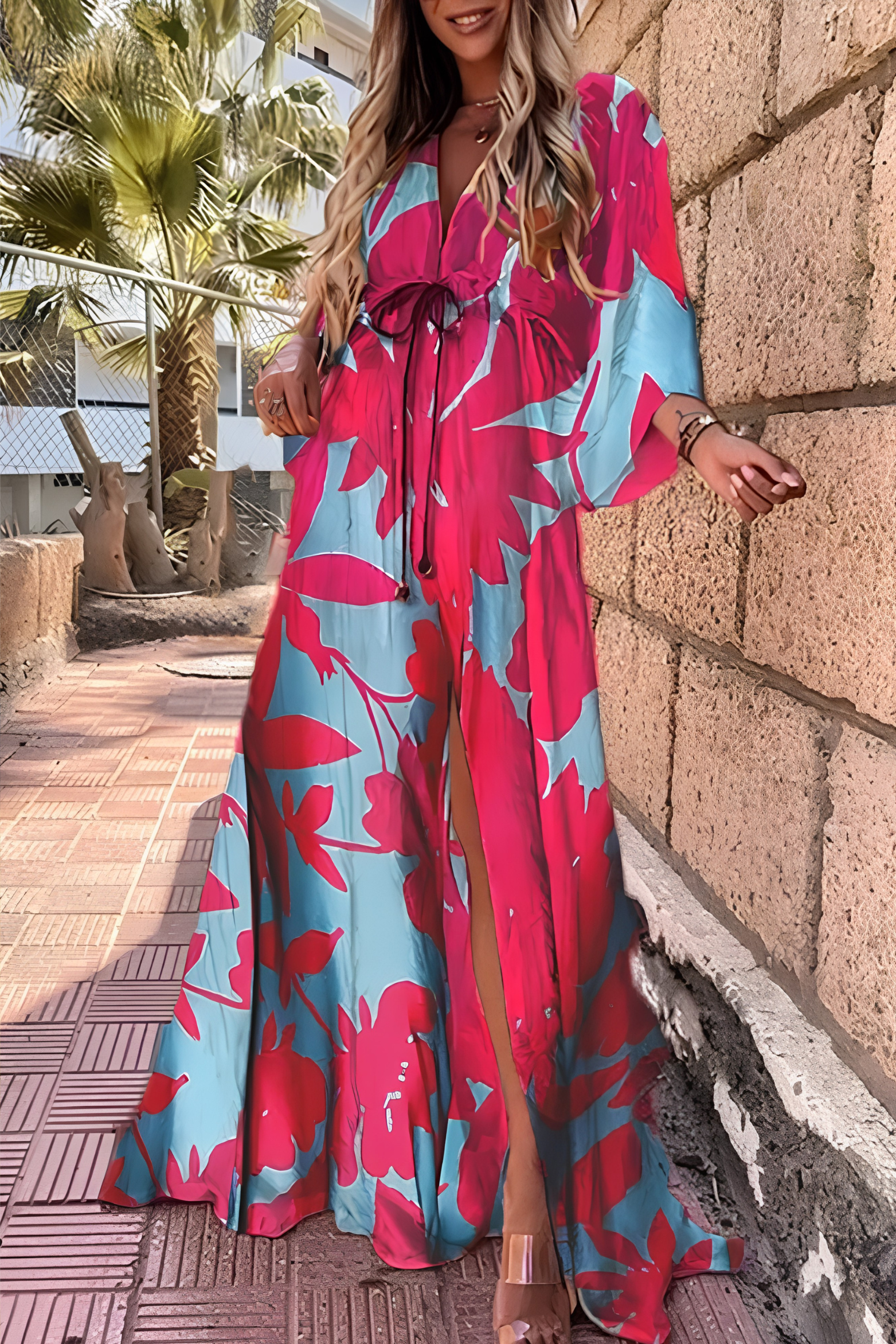 Women's Abstract Print V Neck Maxi Dress with Kimono Sleeves and Side Split