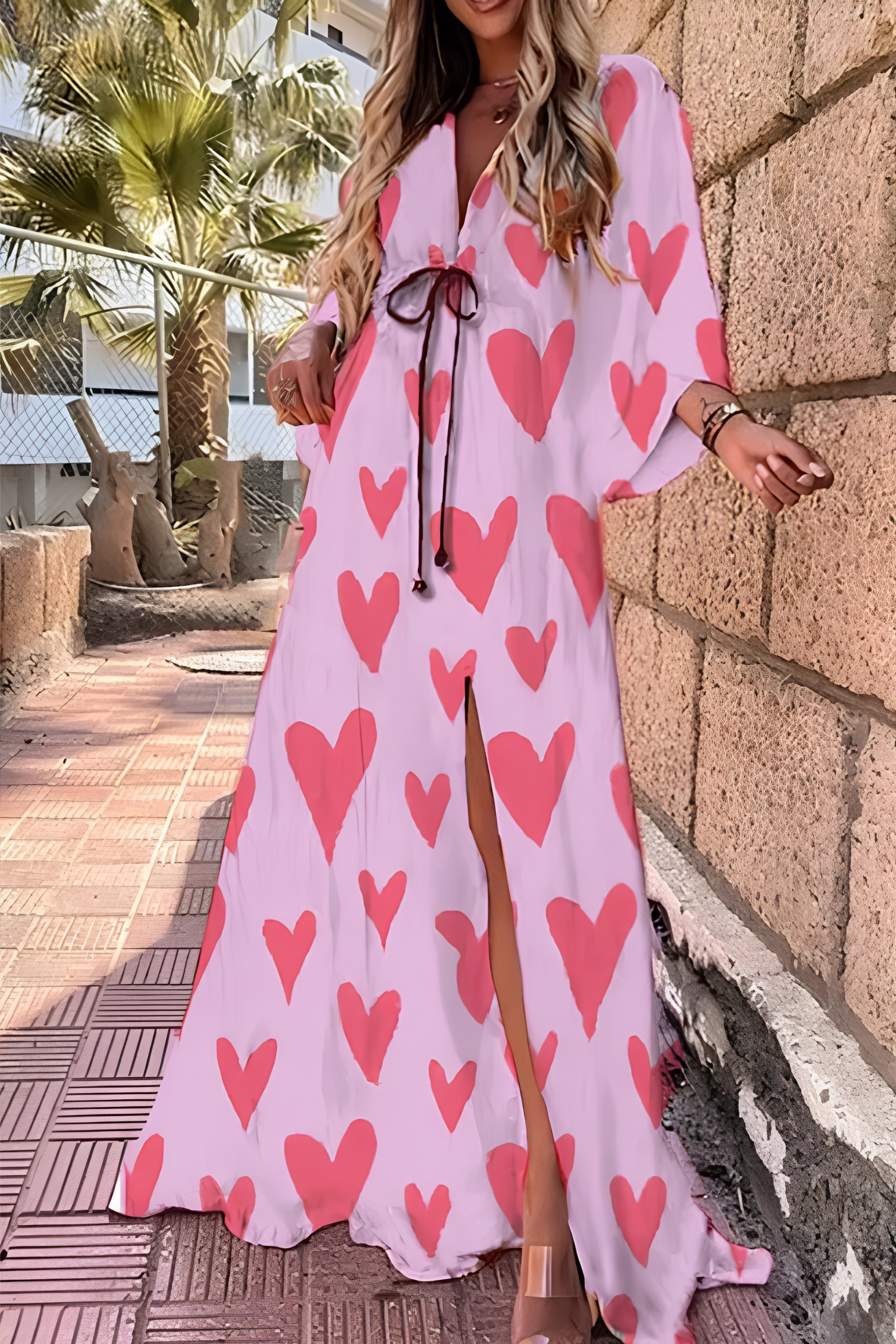 Women's Abstract Print V Neck Maxi Dress with Kimono Sleeves and Side Split