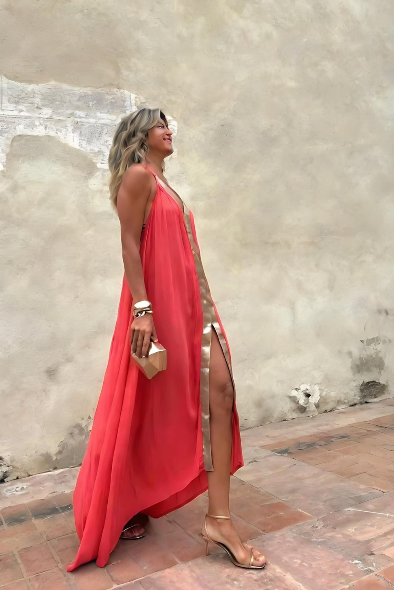 Women's Coral Gold Evening Gown
